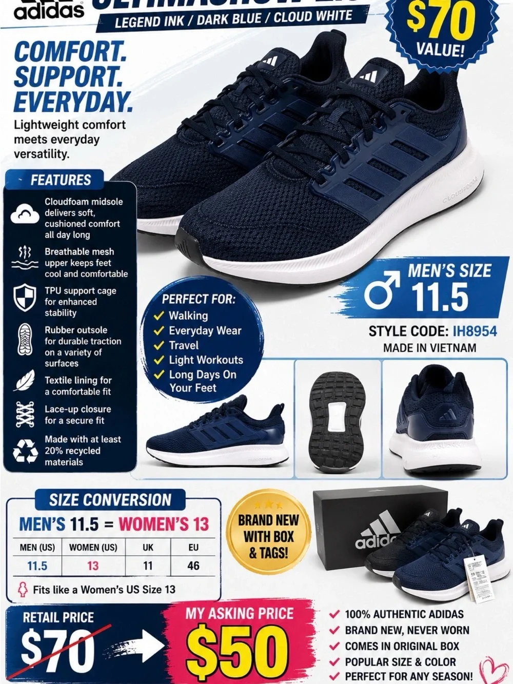 adidas Navy Blue and White Cloudfoam Athletic Shoes